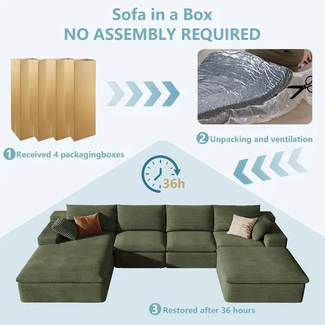 Alt view image 7 of 7 - 136" Cloud Sectional Couch with U-Shaped Chaise,Corduroy Viral Boneless Sofa with Ottoman,Memory Foam Couches in a Box with Deep Seat for Living Room,No Assembly Required (Green,Left-Facing Chaise)