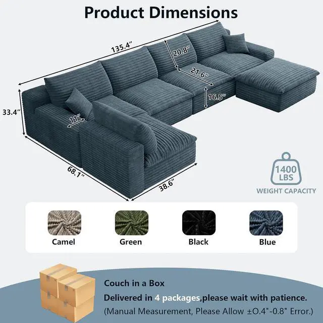 Alt view image 7 of 7 - 136" Cloud Sectional Couch with U-Shaped Chaise,5-Seater Corduroy Viral Boneless Sofa with Ottoman,Memory Foam Couches in a Box with Deep Seat for Living Room,No Assembly Required, Blue
