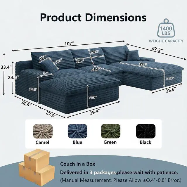 Alt view image 2 of 7 - 107" Cloud Sectional Couch with U-Shaped Chaise,Viral Corduroy Boneless Sofa with Ottoman,Memory Foam Couches in a Box with Deep Seat for Living Room,No Assembly Required (Blue,Right-Facing Chaise)