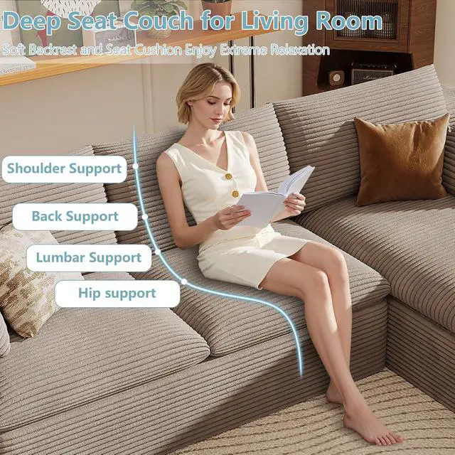 Alt view image 4 of 7 - 107" Cloud Sectional Couch with L-Shape Chaise,Corduroy Viral Boneless Sofa for Living Room,Modern Memory Foam Couches in a Box with Deep Seat,No Assembly Required (Camel,Right-Facing Chaise)