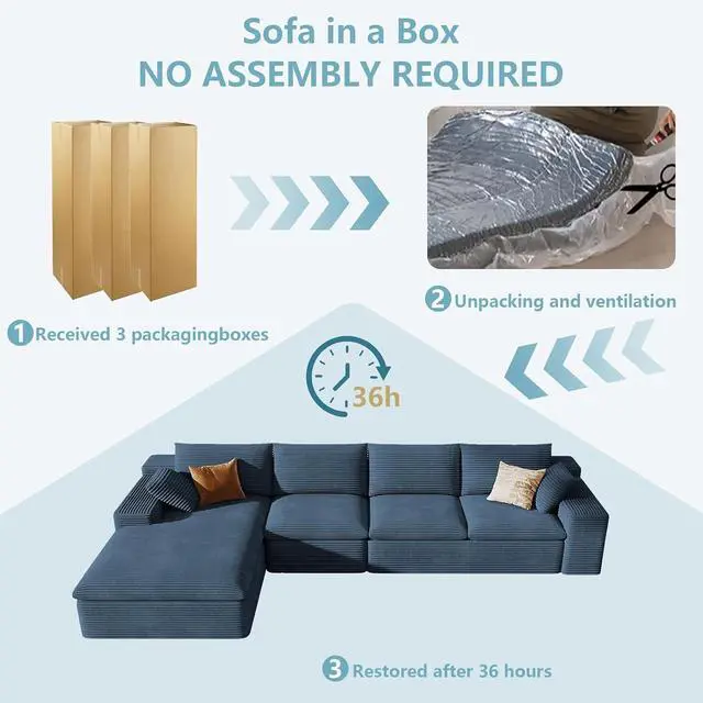 Alt view image 7 of 7 - 136" Cloud Sectional Couch with L-Shape Chaise, Modern Corduroy Viral Boneless Sofa for Living Room,Memory Foam Couches in a Box with Deep Seat,No Assembly Required (Blue,Left-Facing Chaise)