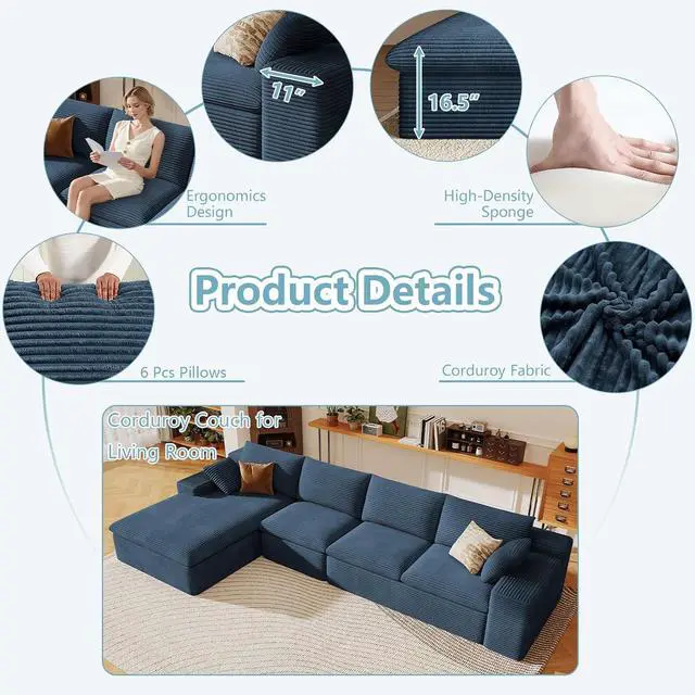 Alt view image 4 of 7 - 136" Cloud Sectional Couch with L-Shape Chaise, Modern Corduroy Viral Boneless Sofa for Living Room,Memory Foam Couches in a Box with Deep Seat,No Assembly Required (Blue,Left-Facing Chaise)