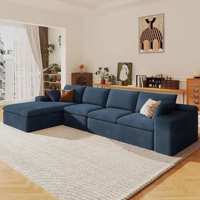 Alt view image 5 of 7 - 136" Cloud Sectional Couch with L-Shape Chaise, Modern Corduroy Viral Boneless Sofa for Living Room,Memory Foam Couches in a Box with Deep Seat,No Assembly Required (Blue,Left-Facing Chaise)