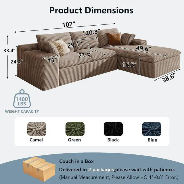 Alt view image 2 of 7 - 107" Cloud Sectional Couch with L-Shape Chaise,Corduroy Viral Boneless Sofa for Living Room,Modern Memory Foam Couches in a Box with Deep Seat,No Assembly Required (Camel,Right-Facing Chaise)