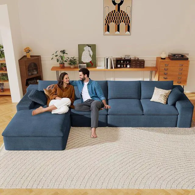 Alt view image 6 of 7 - 136" Cloud Sectional Couch with L-Shape Chaise, Modern Corduroy Viral Boneless Sofa for Living Room,Memory Foam Couches in a Box with Deep Seat,No Assembly Required (Blue,Left-Facing Chaise)