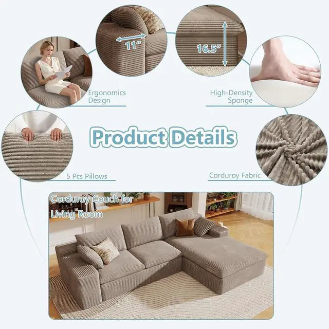 Alt view image 3 of 7 - 107" Cloud Sectional Couch with L-Shape Chaise,Corduroy Viral Boneless Sofa for Living Room,Modern Memory Foam Couches in a Box with Deep Seat,No Assembly Required (Camel,Right-Facing Chaise)
