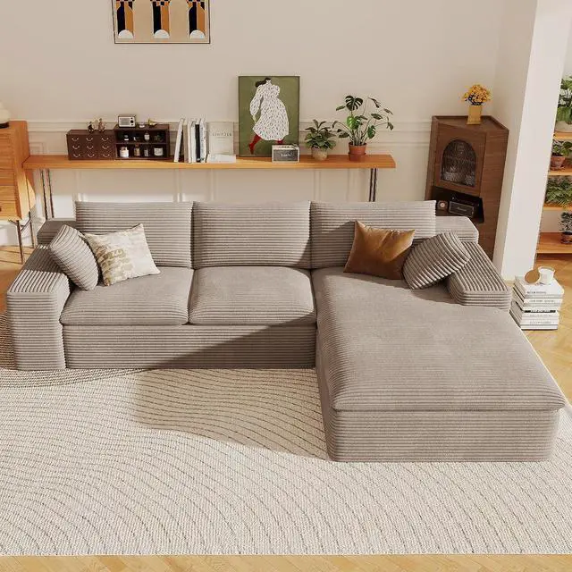 Alt view image 5 of 7 - 107" Cloud Sectional Couch with L-Shape Chaise,Corduroy Viral Boneless Sofa for Living Room,Modern Memory Foam Couches in a Box with Deep Seat,No Assembly Required (Camel,Right-Facing Chaise)