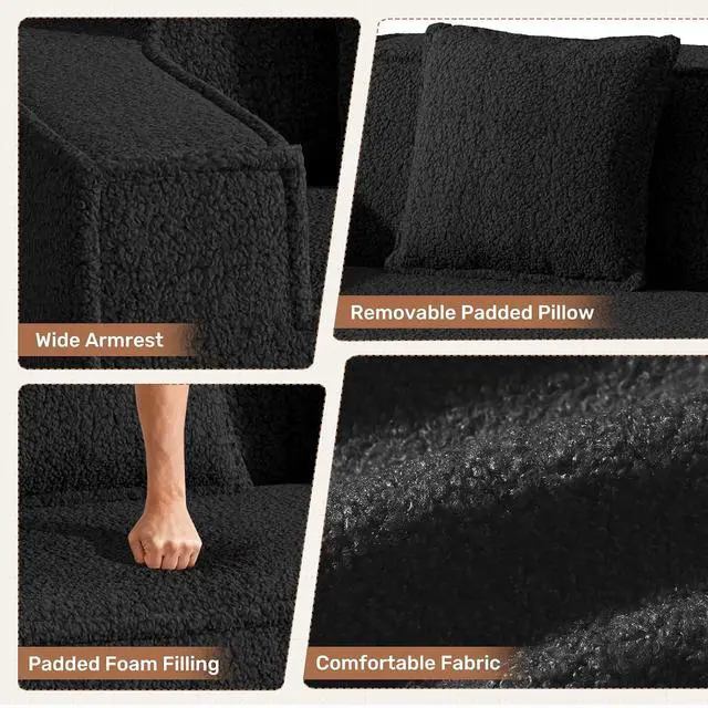 Alt view image 6 of 7 - 75'' Cloud Loveseat Sofa, No Assembly Required Comfy Deep Seat Couches 1 pcs for Living Room, Bedroom, Apartment(Teddy Fabric-Black)