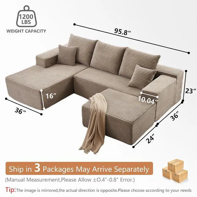 Alt view image 3 of 6 - 96" W Cloud Sectional Couch with Ottoman,Modern U-Shaped Cloud Couch with Deep Seat,Comfy Corduroy 4-Seater Sofa,Memory Foam Sofa for Living Room,No Assembly (Camel,Left-Facing Chaise)