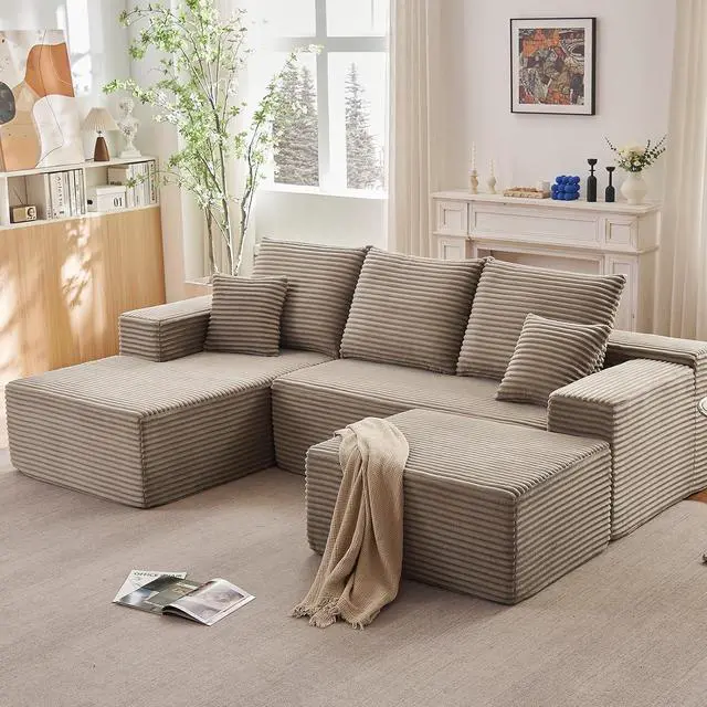 Alt view image 2 of 6 - 96" W Cloud Sectional Couch with Ottoman,Modern U-Shaped Cloud Couch with Deep Seat,Comfy Corduroy 4-Seater Sofa,Memory Foam Sofa for Living Room,No Assembly (Camel,Left-Facing Chaise)