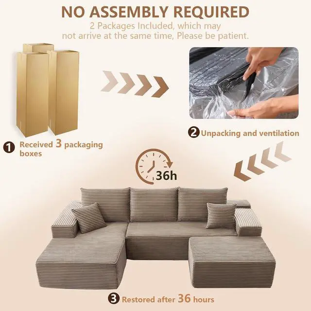 Alt view image 6 of 6 - 96" W Cloud Sectional Couch with Ottoman,Modern U-Shaped Cloud Couch with Deep Seat,Comfy Corduroy 4-Seater Sofa,Memory Foam Sofa for Living Room,No Assembly (Camel,Left-Facing Chaise)