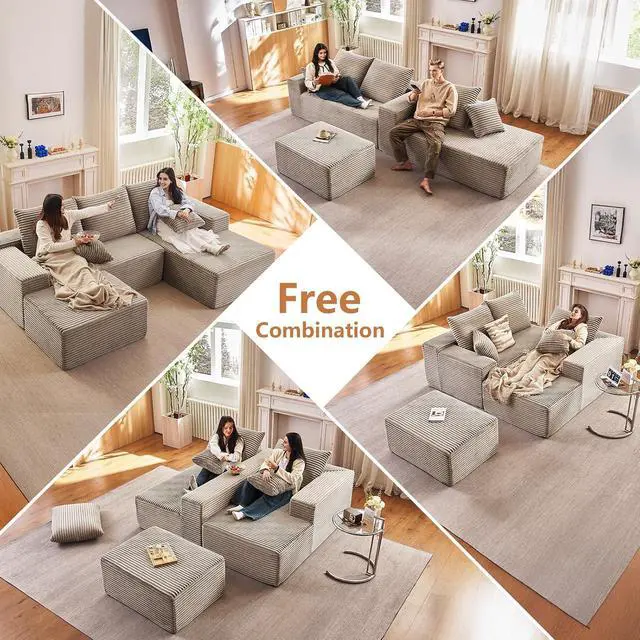 Alt view image 4 of 6 - 96" W Cloud Sectional Couch with Ottoman,Modern U-Shaped Cloud Couch with Deep Seat,Comfy Corduroy 4-Seater Sofa,Memory Foam Sofa for Living Room,No Assembly (Camel,Left-Facing Chaise)
