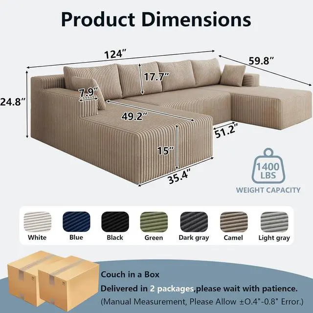 Alt view image 2 of 7 - 124" Cloud Sectional Couch,Modern U-Shaped Boneless Couch with Deep Seat,Comfy Corduroy 4-Seater Sofa,Memory Foam Sofa for Living Room,No Assembly Required (Camel)