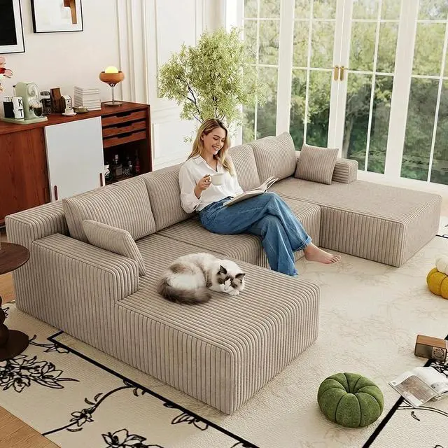 Main image of 124" Cloud Sectional Couch,Modern U-Shaped Boneless Couch with Deep Seat,Comfy Corduroy 4-Seater Sofa,Memory Foam Sofa for Living Room,No Assembly Required (Camel)