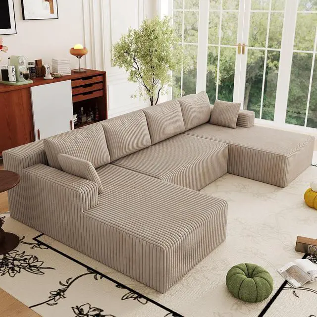 Alt view image 3 of 7 - 124" Cloud Sectional Couch,Modern U-Shaped Boneless Couch with Deep Seat,Comfy Corduroy 4-Seater Sofa,Memory Foam Sofa for Living Room,No Assembly Required (Camel)
