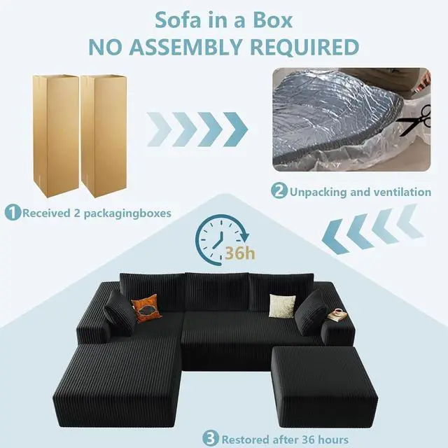 Alt view image 6 of 7 - 96" U Shaped Cloud Sectional Couch with Fluffy Corduroy, Deep Memory Foam Seats Sofa with 1 Ottoman for Living Room, No Assembly Required(Black,Left-Facing Chaise)