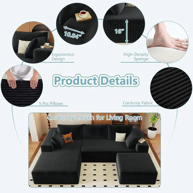 Alt view image 4 of 7 - 96" U Shaped Cloud Sectional Couch with Fluffy Corduroy, Deep Memory Foam Seats Sofa with 1 Ottoman for Living Room, No Assembly Required(Black,Left-Facing Chaise)