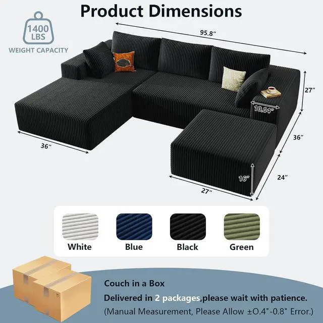 Alt view image 2 of 7 - 96" U Shaped Cloud Sectional Couch with Fluffy Corduroy, Deep Memory Foam Seats Sofa with 1 Ottoman for Living Room, No Assembly Required(Black,Left-Facing Chaise)