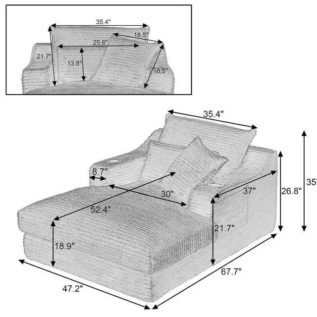 Alt view image 2 of 7 - 47.2"Oversized Chaise Lounge Chair Indoor,Corduroy Boneless Reading Chair with Cup Holder,Deep Seat Cloud Sofa Bed,Comfy Modern Sleeper Chairs in Box for Living Room Bedroom,No Assembly (Dark Grey)