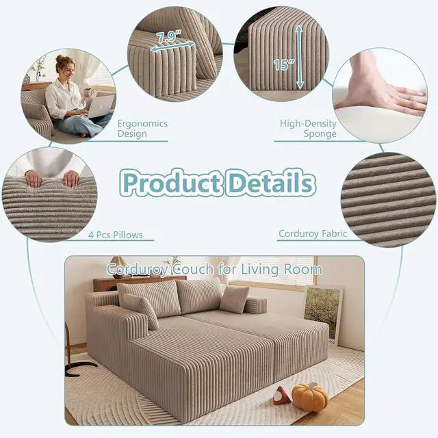 Alt view image 4 of 7 - 71"Oversized Chaise Lounge Chair,Sectional Double Lounge Chaise with Pillows, Upholstered Corduroy Boneless Lounge Chair, Fluffy Modern Loveseat Sleeper Sofa for Living Room or Bedroom(Camel)