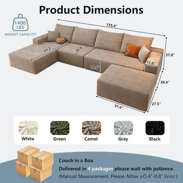 Alt view image 2 of 7 - 136" U Shaped Cloud Sectional Couch with Fluffy Corduroy, Deep Memory Foam Seats Sofa with 1 Ottoman for Living Room, No Assembly Required(Camel,Left-Facing Chaise)