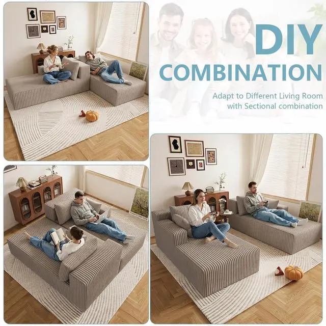 Alt view image 3 of 7 - 71"Oversized Chaise Lounge Chair,Sectional Double Lounge Chaise with Pillows, Upholstered Corduroy Boneless Lounge Chair, Fluffy Modern Loveseat Sleeper Sofa for Living Room or Bedroom(Camel)