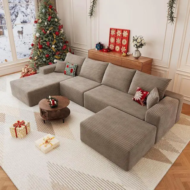 Main image of 136" U Shaped Cloud Sectional Couch with Fluffy Corduroy, Deep Memory Foam Seats Sofa with 1 Ottoman for Living Room, No Assembly Required(Camel,Left-Facing Chaise)