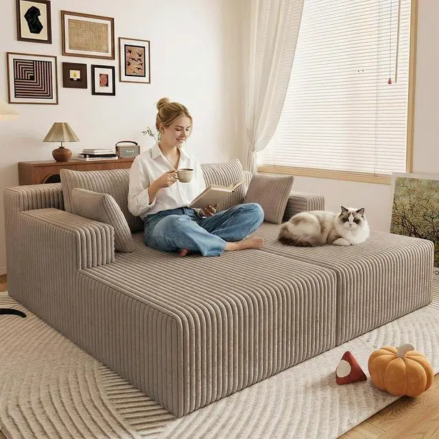 Alt view image 7 of 7 - 71"Oversized Chaise Lounge Chair,Sectional Double Lounge Chaise with Pillows, Upholstered Corduroy Boneless Lounge Chair, Fluffy Modern Loveseat Sleeper Sofa for Living Room or Bedroom(Camel)