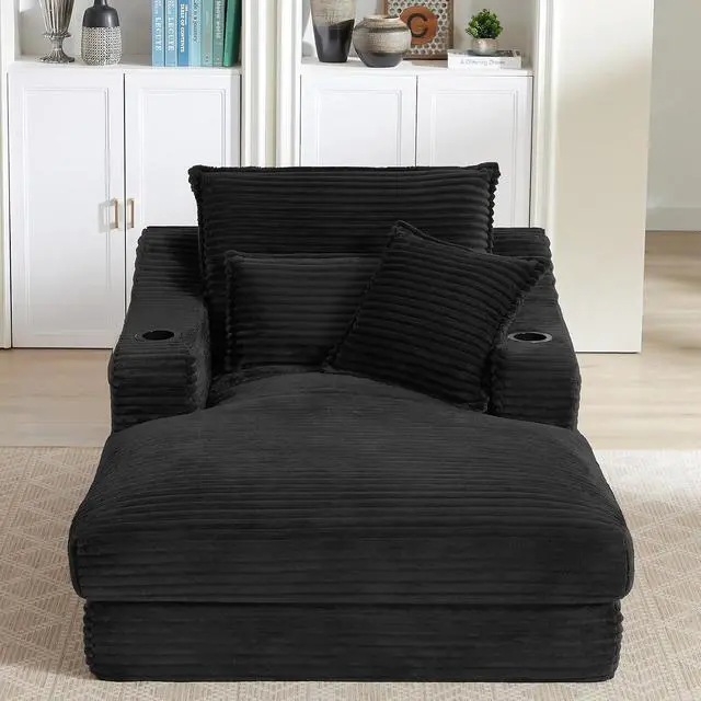 Alt view image 3 of 7 - 47.2"Oversized Chaise Lounge Chair Indoor,Corduroy Boneless Reading Chair with Cup Holder,Deep Seat Cloud Sofa Bed,Comfy Modern Sleeper Chairs in Box for Living Room Bedroom,No Assembly (Black)