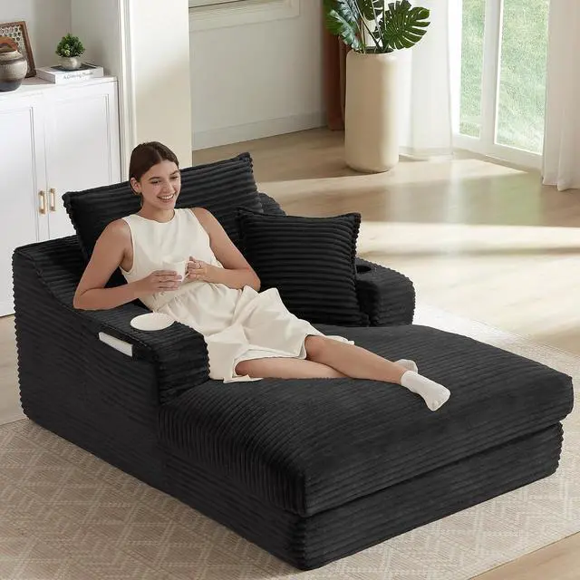 Main image of 47.2"Oversized Chaise Lounge Chair Indoor,Corduroy Boneless Reading Chair with Cup Holder,Deep Seat Cloud Sofa Bed,Comfy Modern Sleeper Chairs in Box for Living Room Bedroom,No Assembly (Black)