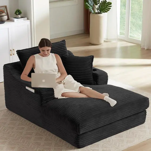 Alt view image 5 of 7 - 47.2"Oversized Chaise Lounge Chair Indoor,Corduroy Boneless Reading Chair with Cup Holder,Deep Seat Cloud Sofa Bed,Comfy Modern Sleeper Chairs in Box for Living Room Bedroom,No Assembly (Black)