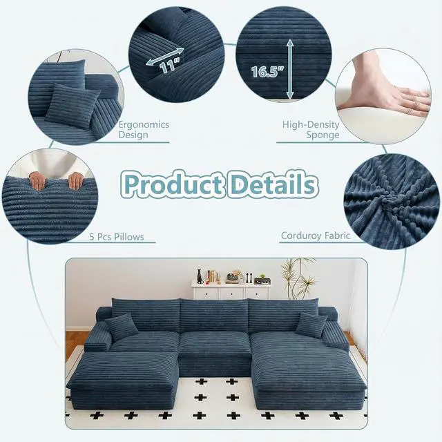 Alt view image 4 of 7 - 107" Cloud Sectional Couch with U-Shaped Chaise,Viral Corduroy Boneless Sofa with Ottoman,Memory Foam Couches in a Box with Deep Seat for Living Room,No Assembly Required (Blue,Right-Facing Chaise)