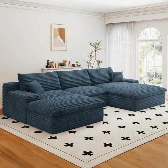 Alt view image 5 of 7 - 107" Cloud Sectional Couch with U-Shaped Chaise,Viral Corduroy Boneless Sofa with Ottoman,Memory Foam Couches in a Box with Deep Seat for Living Room,No Assembly Required (Blue,Right-Facing Chaise)