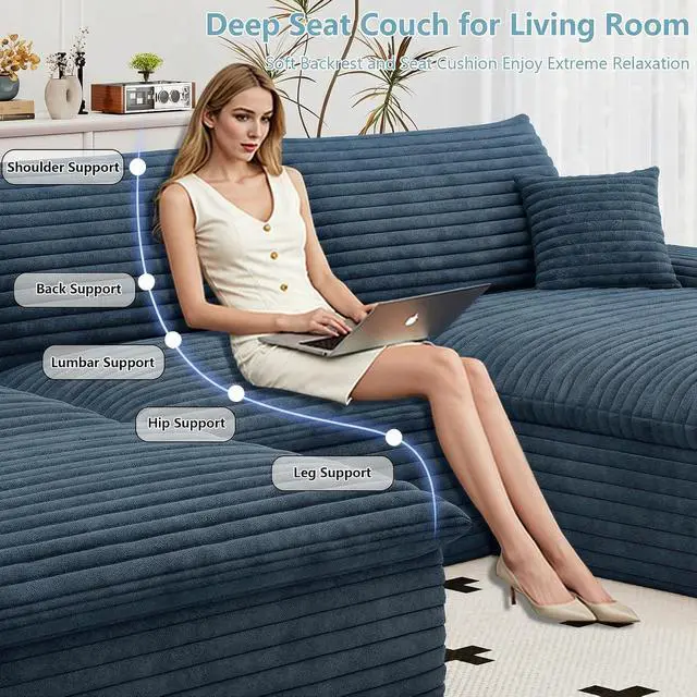 Alt view image 6 of 7 - 107" Cloud Sectional Couch with U-Shaped Chaise,Viral Corduroy Boneless Sofa with Ottoman,Memory Foam Couches in a Box with Deep Seat for Living Room,No Assembly Required (Blue,Right-Facing Chaise)