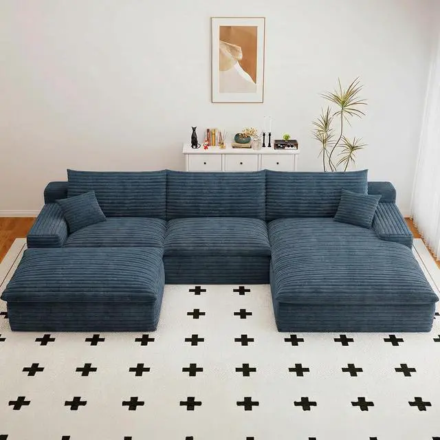 Alt view image 3 of 7 - 107" Cloud Sectional Couch with U-Shaped Chaise,Viral Corduroy Boneless Sofa with Ottoman,Memory Foam Couches in a Box with Deep Seat for Living Room,No Assembly Required (Blue,Right-Facing Chaise)