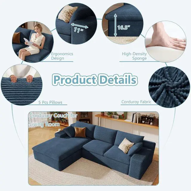 Alt view image 3 of 7 - 107" Cloud Sectional Couch with L-Shape Chaise, Modern Corduroy Viral Boneless Sofa for Living Room,Memory Foam Couches in a Box with Deep Seat,No Assembly Required (Blue,Left-Facing Chaise)