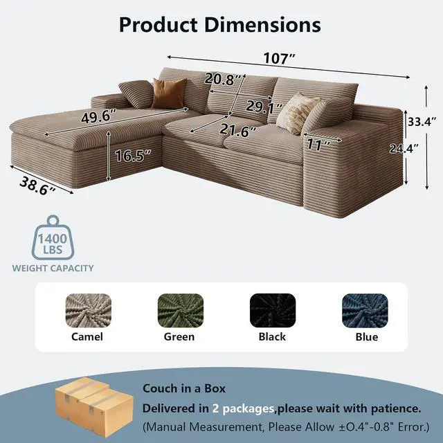 Alt view image 2 of 7 - 107" Cloud Sectional Couch with L-Shape Chaise, Modern Corduroy Viral Boneless Sofa for Living Room,Memory Foam Couches in a Box with Deep Seat,No Assembly Required (Camel,Left-Facing Chaise)
