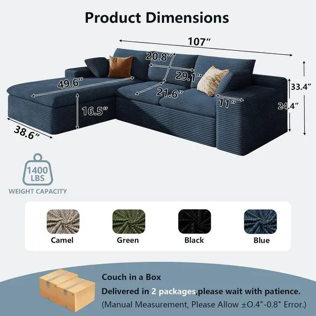 Alt view image 2 of 7 - 107" Cloud Sectional Couch with L-Shape Chaise, Modern Corduroy Viral Boneless Sofa for Living Room,Memory Foam Couches in a Box with Deep Seat,No Assembly Required (Blue,Left-Facing Chaise)