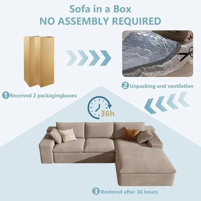 Alt view image 7 of 7 - 107" Cloud Sectional Couch with L-Shape Chaise,Corduroy Viral Boneless Sofa for Living Room,Modern Memory Foam Couches in a Box with Deep Seat,No Assembly Required (Camel,Right-Facing Chaise)