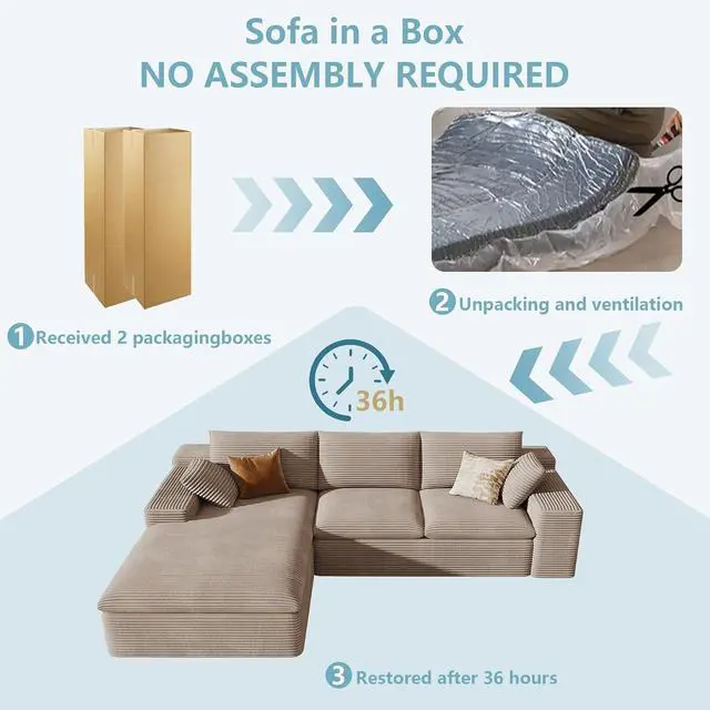 Alt view image 7 of 7 - 107" Cloud Sectional Couch with L-Shape Chaise, Modern Corduroy Viral Boneless Sofa for Living Room,Memory Foam Couches in a Box with Deep Seat,No Assembly Required (Camel,Left-Facing Chaise)