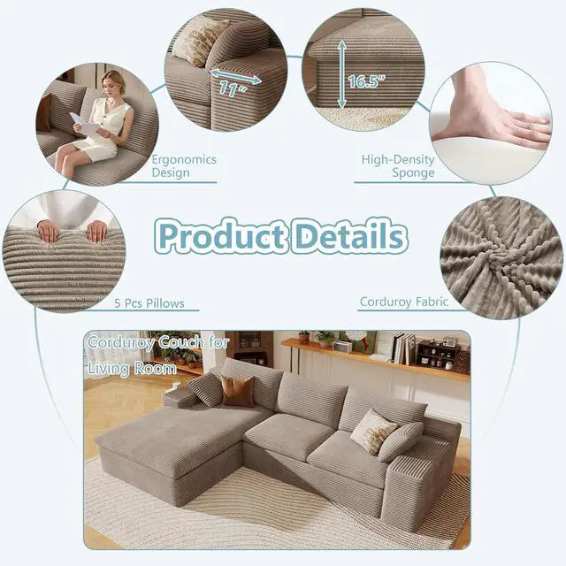 Alt view image 4 of 7 - 107" Cloud Sectional Couch with L-Shape Chaise, Modern Corduroy Viral Boneless Sofa for Living Room,Memory Foam Couches in a Box with Deep Seat,No Assembly Required (Camel,Left-Facing Chaise)