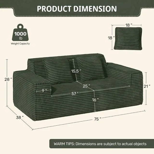 Alt view image 2 of 7 - 75'' Modern Loveseat Sofa, No Assembly Required Comfy Deep Seat Couches 1 pcs for Living Room, Bedroom, Apartment(Green)