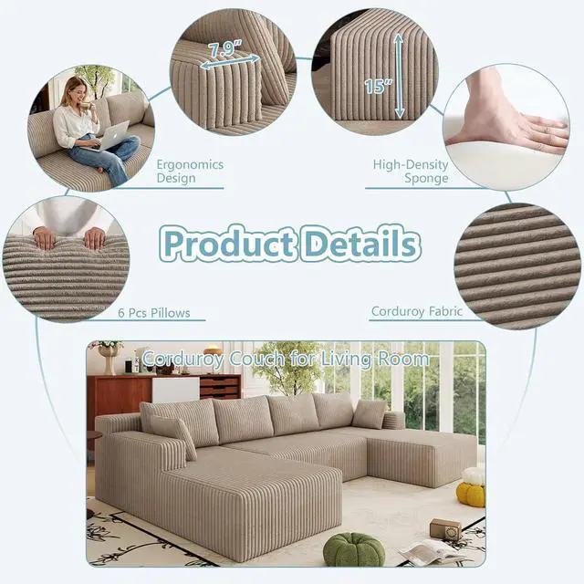 Alt view image 5 of 7 - 124" Cloud Sectional Couch,Modern U-Shaped Boneless Couch with Deep Seat,Comfy Corduroy 4-Seater Sofa,Memory Foam Sofa for Living Room,No Assembly Required (Camel)