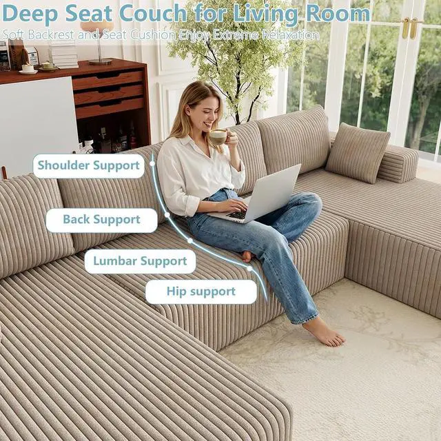 Alt view image 6 of 7 - 124" Cloud Sectional Couch,Modern U-Shaped Boneless Couch with Deep Seat,Comfy Corduroy 4-Seater Sofa,Memory Foam Sofa for Living Room,No Assembly Required (Camel)