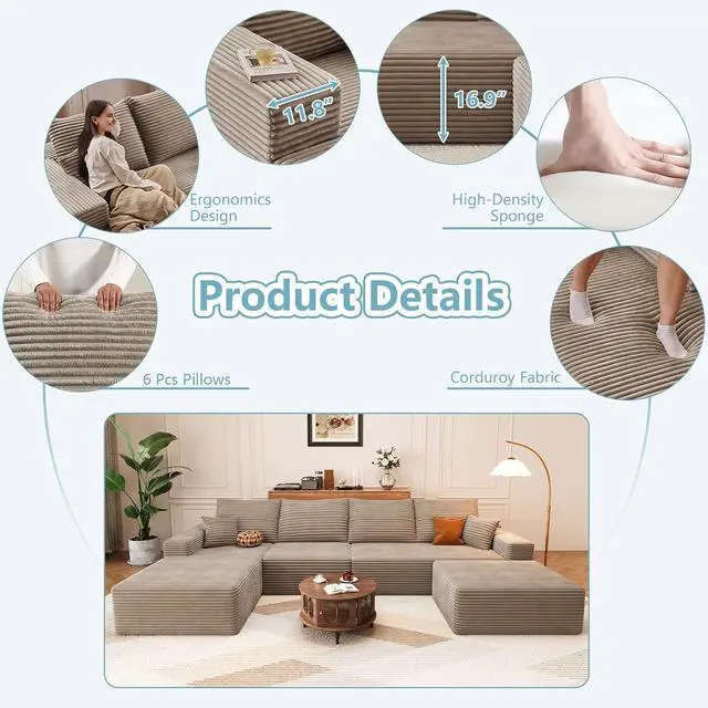 Alt view image 4 of 7 - 136" U Shaped Cloud Sectional Couch with Fluffy Corduroy, Deep Memory Foam Seats Sofa with 1 Ottoman for Living Room, No Assembly Required(Camel,Left-Facing Chaise)