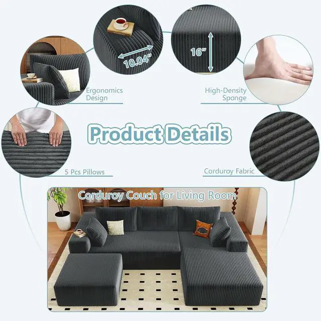 Alt view image 4 of 6 - 96" U Shaped Cloud Sectional Couch with Fluffy Corduroy, Deep Memory Foam Seats Sofa with 1 Ottoman for Living Room, No Assembly Required(Dark Grey,Right-Facing Chaise)