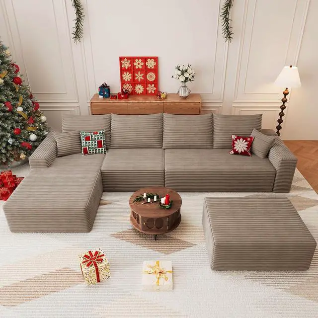 Alt view image 5 of 7 - 136" U Shaped Cloud Sectional Couch with Fluffy Corduroy, Deep Memory Foam Seats Sofa with 1 Ottoman for Living Room, No Assembly Required(Camel,Left-Facing Chaise)