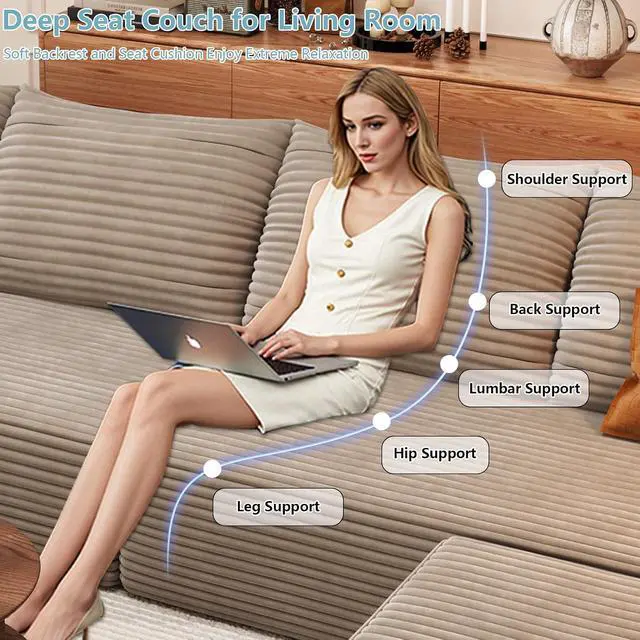 Alt view image 6 of 7 - 136" U Shaped Cloud Sectional Couch with Fluffy Corduroy, Deep Memory Foam Seats Sofa with 1 Ottoman for Living Room, No Assembly Required(Camel,Left-Facing Chaise)