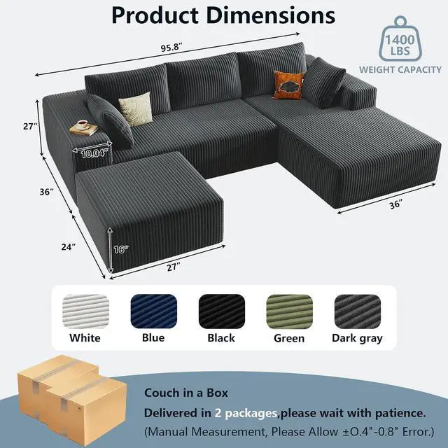Alt view image 2 of 6 - 96" U Shaped Cloud Sectional Couch with Fluffy Corduroy, Deep Memory Foam Seats Sofa with 1 Ottoman for Living Room, No Assembly Required(Dark Grey,Right-Facing Chaise)