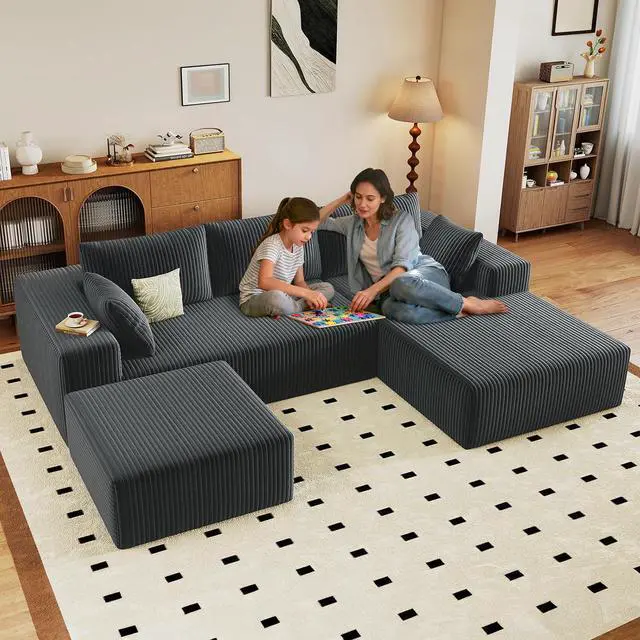 Main image of 96" U Shaped Cloud Sectional Couch with Fluffy Corduroy, Deep Memory Foam Seats Sofa with 1 Ottoman for Living Room, No Assembly Required(Dark Grey,Right-Facing Chaise)